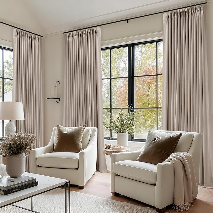 Viral Pleated Blackout Burlap 120 Inch Long Curtains Neutral Pinch Pleated - Image 9