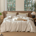 MooMee Striped Duvet Cover Set 100% Washed Cotton Linen Like Textured by MOOMEE