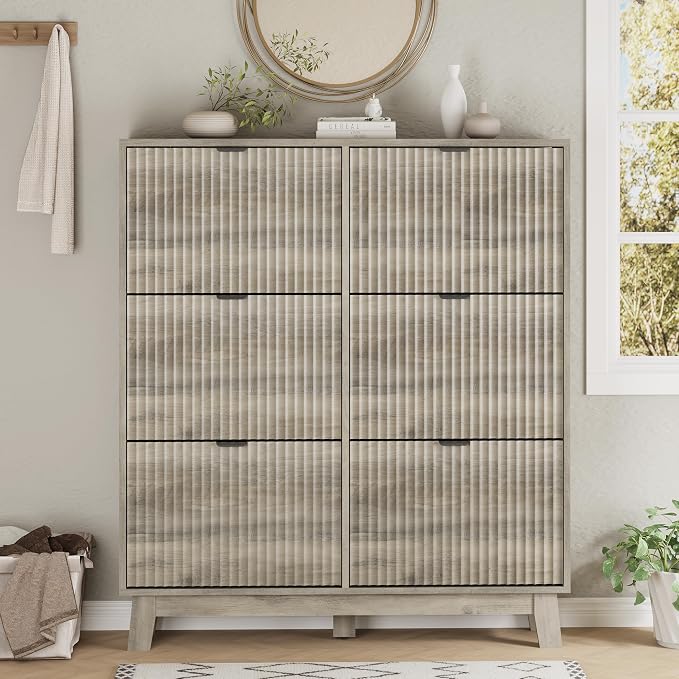 Shoe Cabinet with 6 Flip Drawers, Hidden Slim Wooden Shoe Rack Cabinet - Image 7