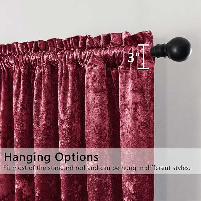 SMILETIME Burgundy Red Crushed Velvet Curtains 52x108inch Rod Pocket Luxurious - Image 2