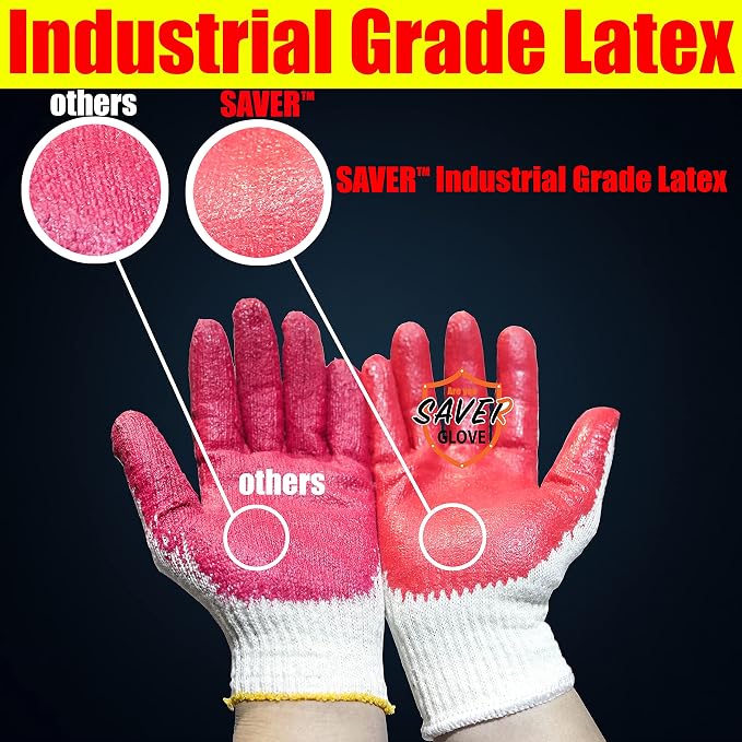 SAVER Non-Slip Red Work Gloves for Construction Latex Rubber Palm Coated - Image 4