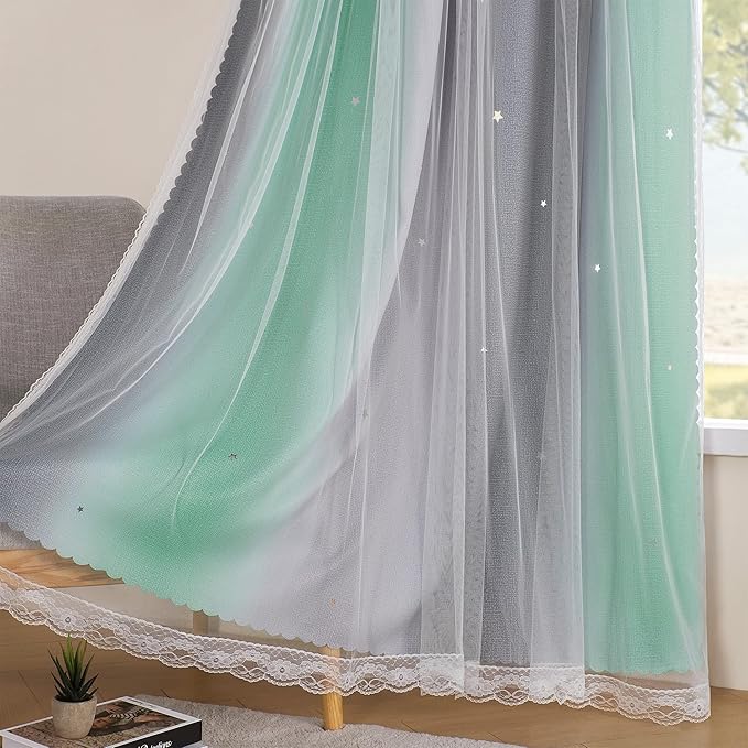 XiDi Curtains for Bedroom Decor, Rainbow Green LightgreyGrey52/54/1 - Image 4