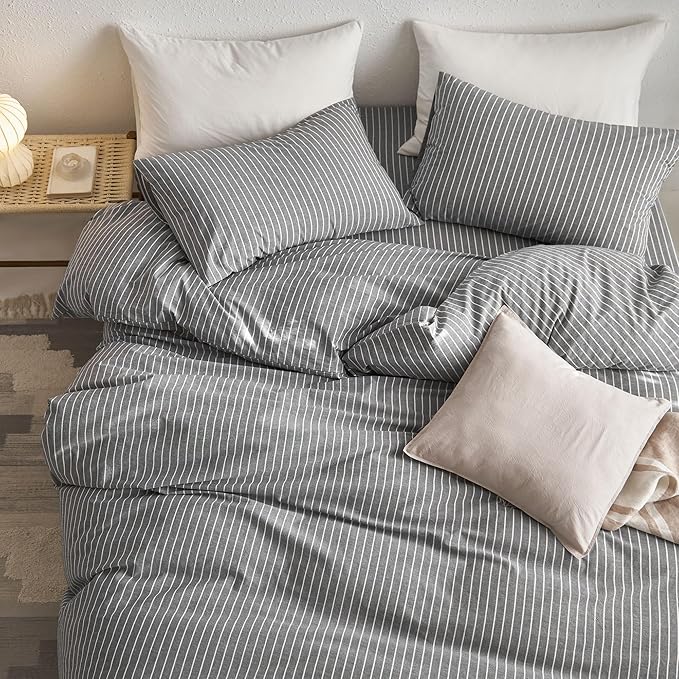 MooMee Striped Duvet Cover Set 100% Washed Cotton Linen Like Textured - Image 4