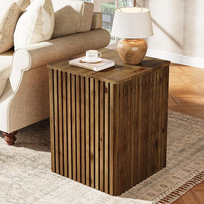 Solid Wood End Table Set of 2, Square Fluted Side Table - Image 3