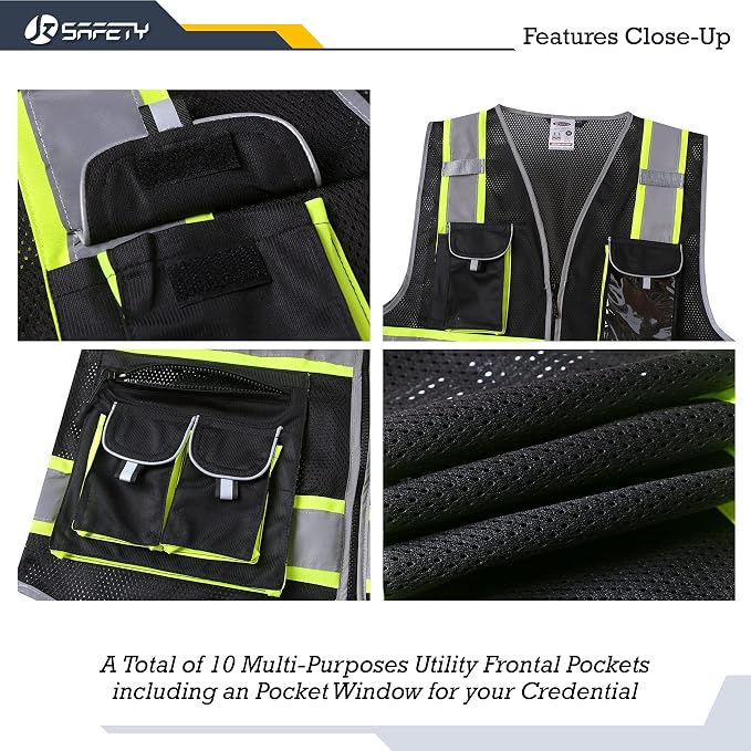 JKSafety 10 Pockets Hi-Vis Neon Color Frontal Zipper Mesh Safety Vest - Image 2