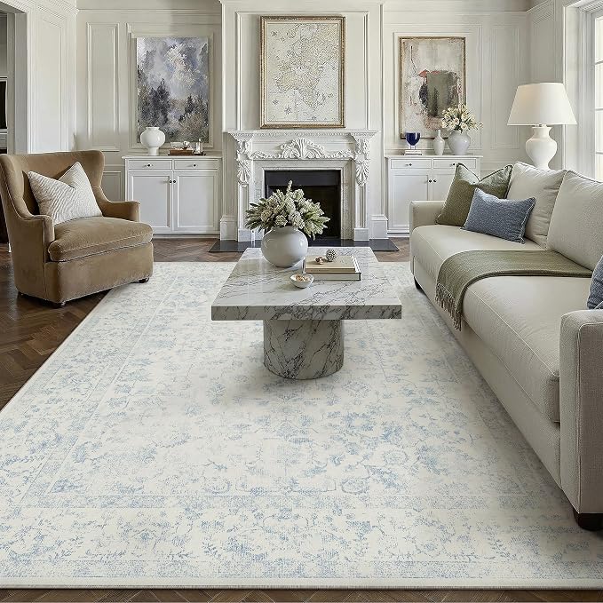 8x10 Blue Area Rug Non Slip Large Vintage Living Room Distressed Machine by PureCozy