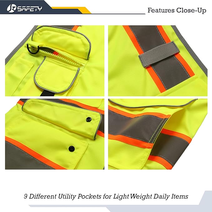 JKSafety 9 Pockets Hi-Vis Neon Yellow Color Zipper Front Safety Vest - Image 4