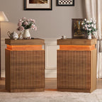 Walnut Nightstand with 3 Drawers and LED Light, Mid Century Modern Fluted Night - Image 9