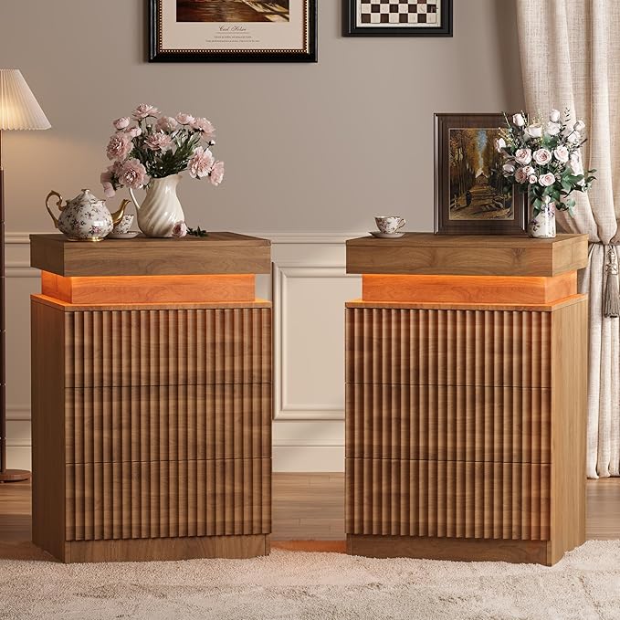 Walnut Nightstand with 3 Drawers and LED Light, Mid Century Modern Fluted Night - Image 9