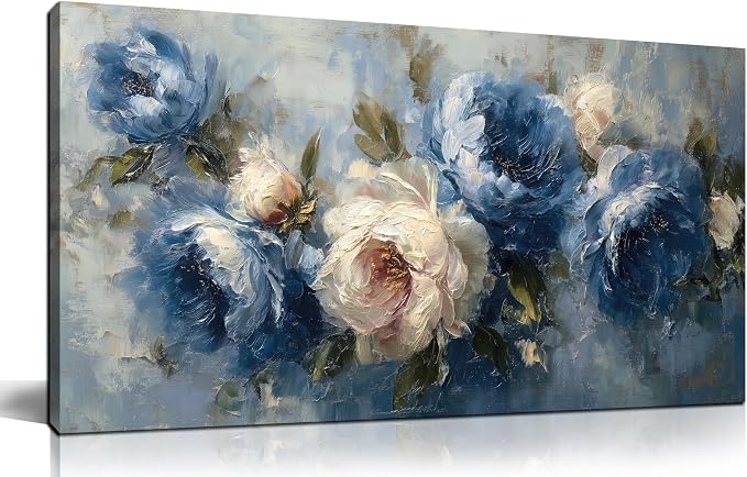 JuhaiArt Peony Floral Wall Art Bedroom Blue Wall Decor White Wall Picture by JuhaiArt