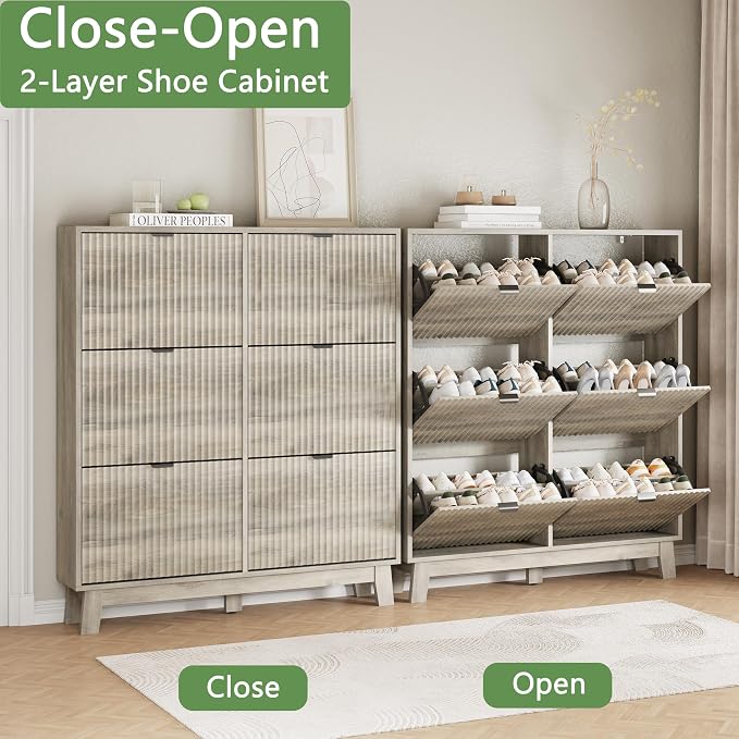Shoe Cabinet with 6 Flip Drawers, Hidden Slim Wooden Shoe Rack Cabinet - Image 5