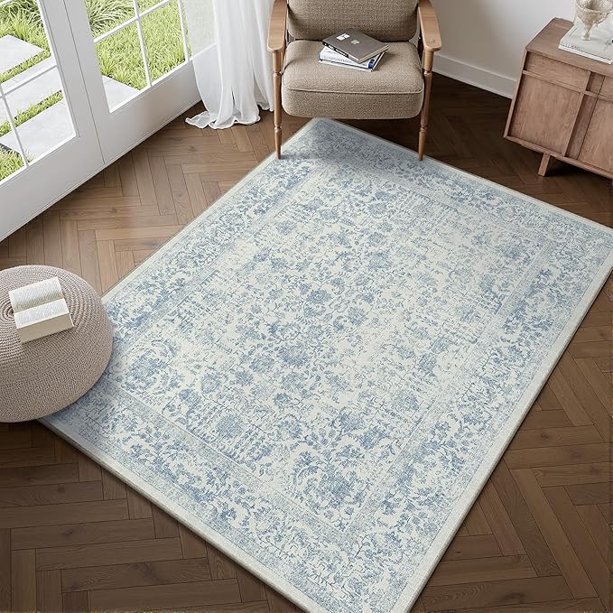 Blue Area Rug 3x4 Office Entryway Rug Machine Washable Kitchen Vintage by PureCozy