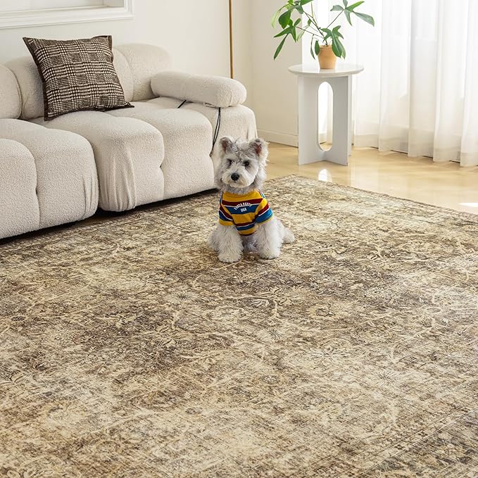 FMFUNCTEX 5x7 Washable Area Rug Neutral Vintage Brown Non Slip Low Pile - Image 4