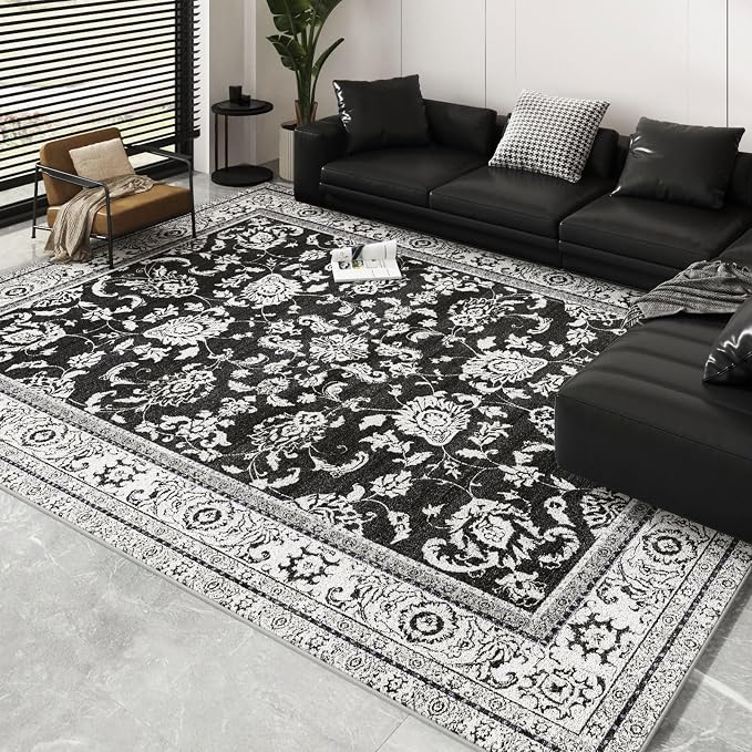 Area Rugs 5x7 Machine Washable Floral Rug Non Silp Faux Wool Vintage Soft Black by OLFRUGDTRUG