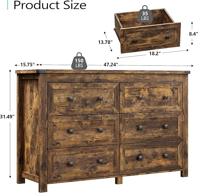 Dresser for Bedroom with 6 Drawers, Farmhouse Wood Chest of Drawers, Wide TV - Image 3
