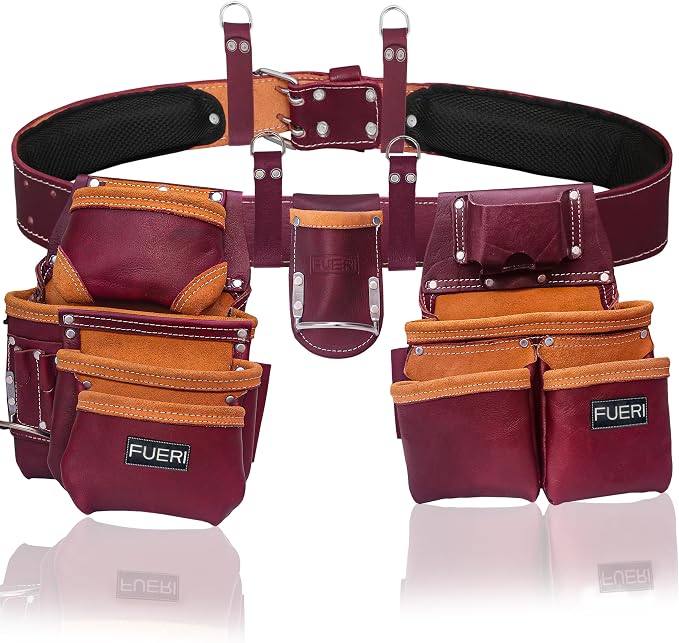 Heavy Duty 19 Pocket Leather Tool Belt Multipurpose Pockets Work Organizer by Fueri