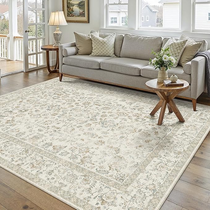 5x7 Taupe Area Rug Non Slip Vintage Living Room Distressed Machine Washable by PureCozy