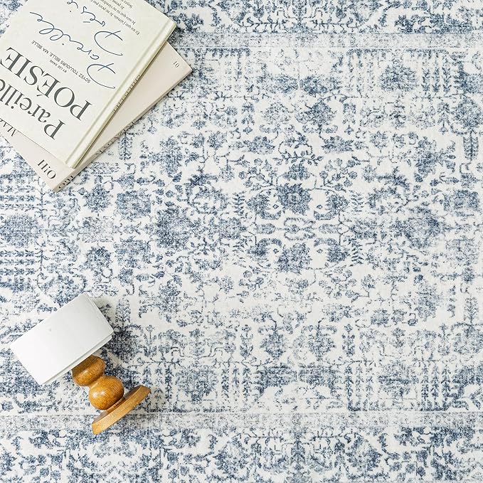 Navy Blue Area Rug 9x12 Machine Washable Large Vintage Living Room Distressed - Image 4
