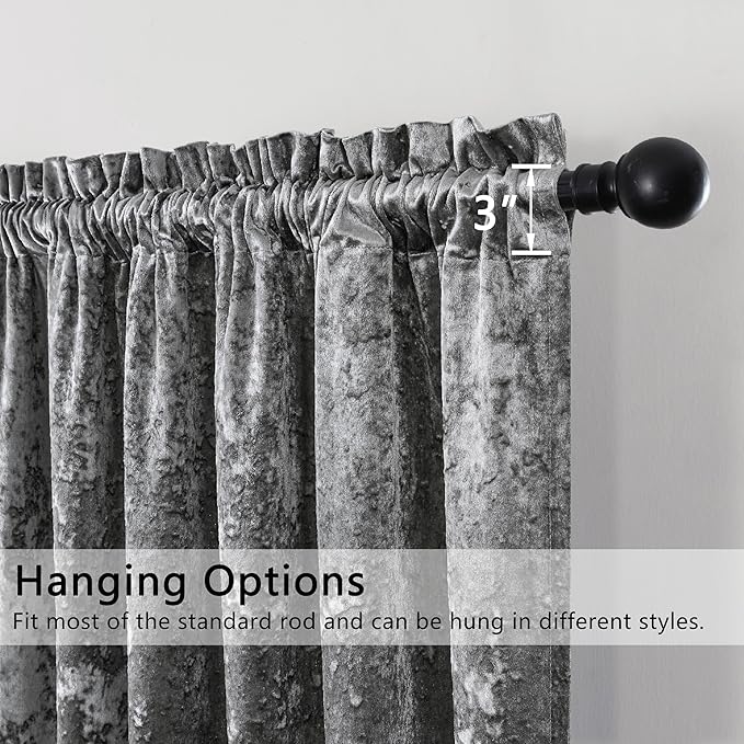 SMILETIME Grey Crushed Velvet Curtains 52x108inch Rod Pocket Luxurious Thermal - Image 2