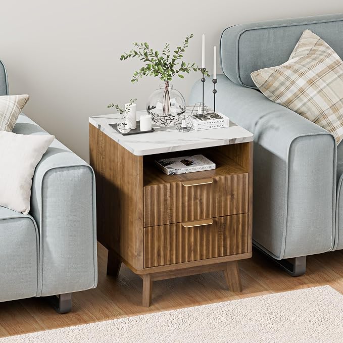 Fluted Nightstand with 2 Drawers, Open Storage Shelf, Curved Edge Bedside Table - Image 5