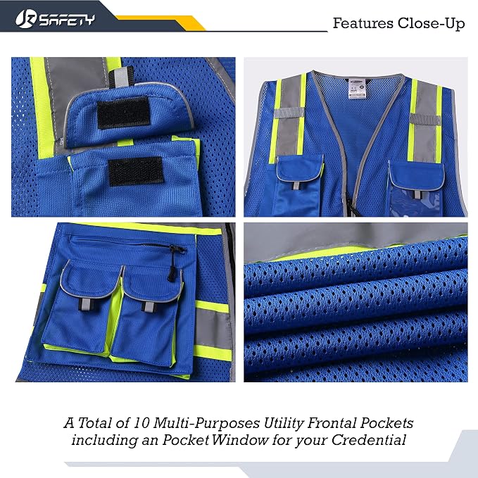 JKSafety 10 Pockets Hi-Vis Neon Color Frontal Zipper Mesh Safety Vest - Image 4