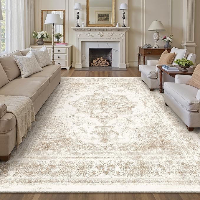 Area Rug 8x10 Cream Washable Living Room Beige Carpet Non Slip Vintage by PureCozy