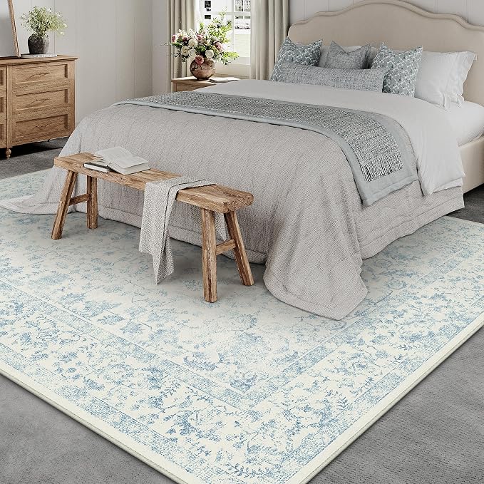 6x9 Blue Area Rug Non Slip Vintage Living Room Distressed Machine Washable - Image 4
