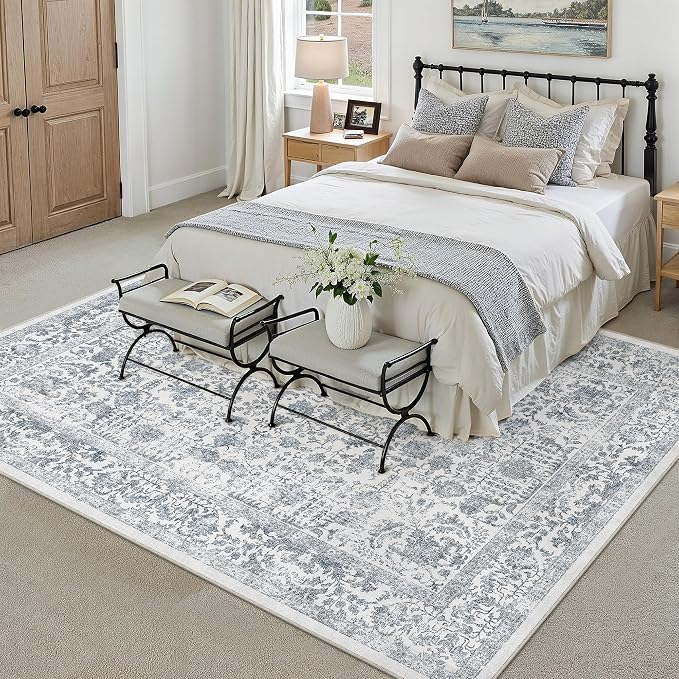 Navy Blue Area Rug 6x9 Machine Washable Vintage Living Room Distressed Non Slip - Image 3