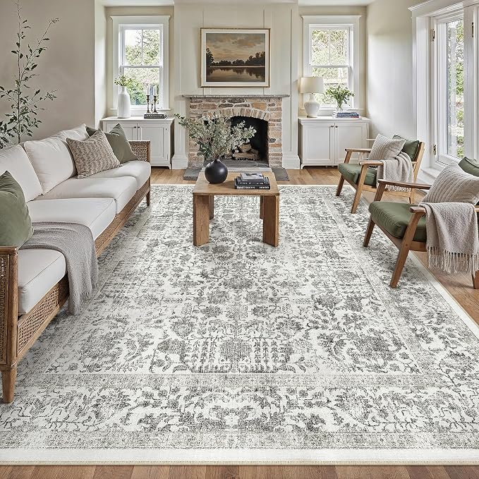 Black Area Rug 10x14 Machine Washable Large Vintage Living Room Distressed Non by PureCozy